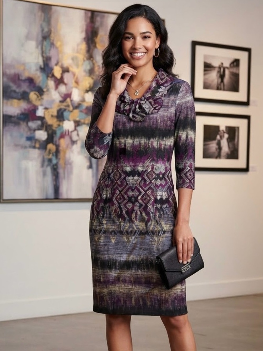 NueVa Purple Aztec Geometric Cowl Neck Midi Dress Size 14 Boho Retro Casual Chic